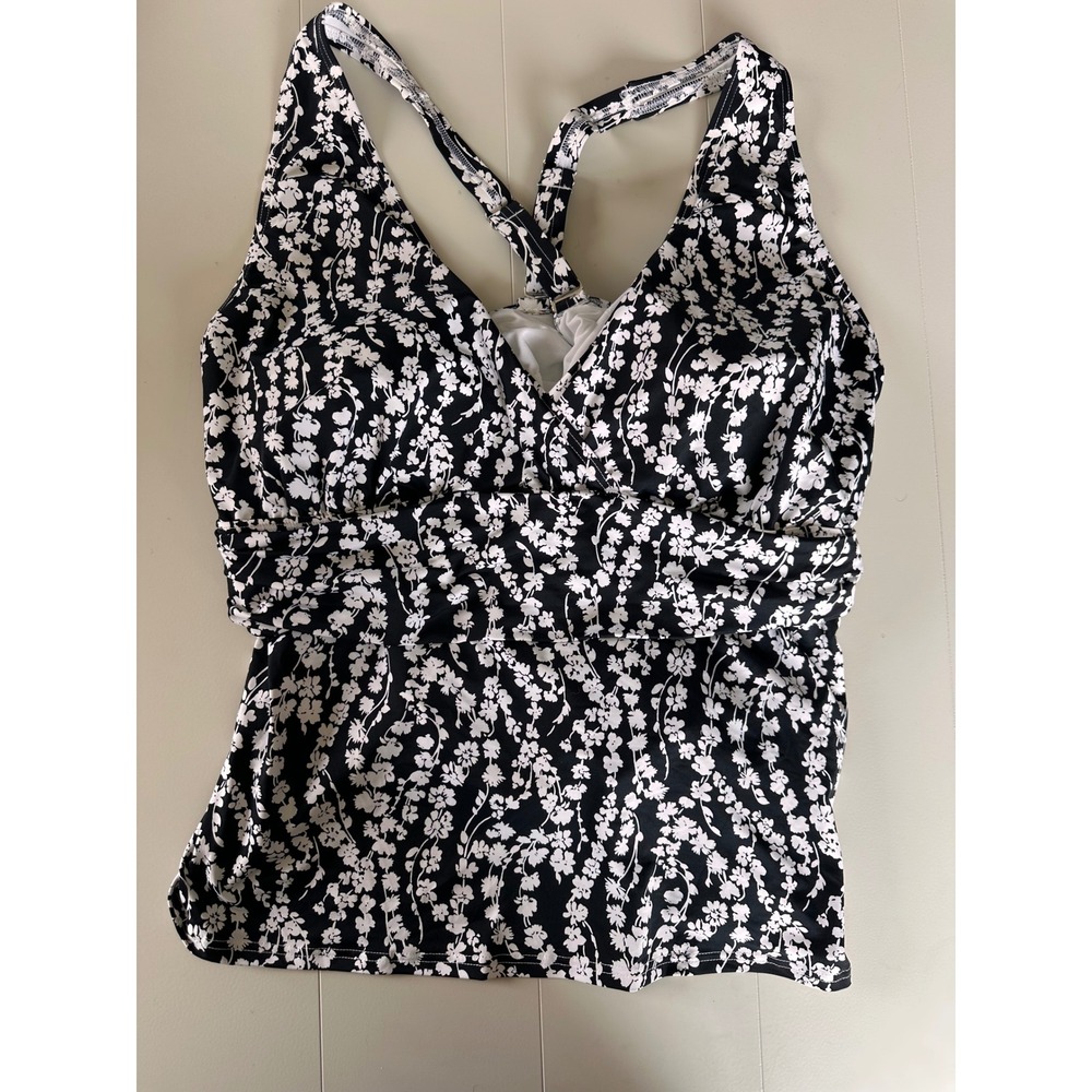 Lands End Womens 2X 20W-22W Floral Tankini Top Black White V-Neck Cross Back